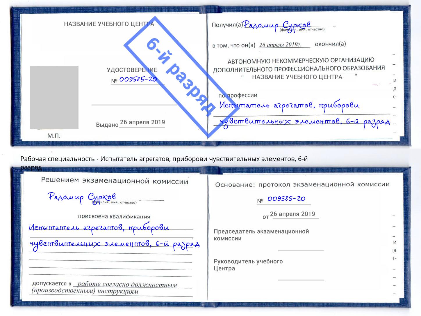 корочка 6-й разряд Испытатель агрегатов, приборови чувствительных элементов Стрежевой