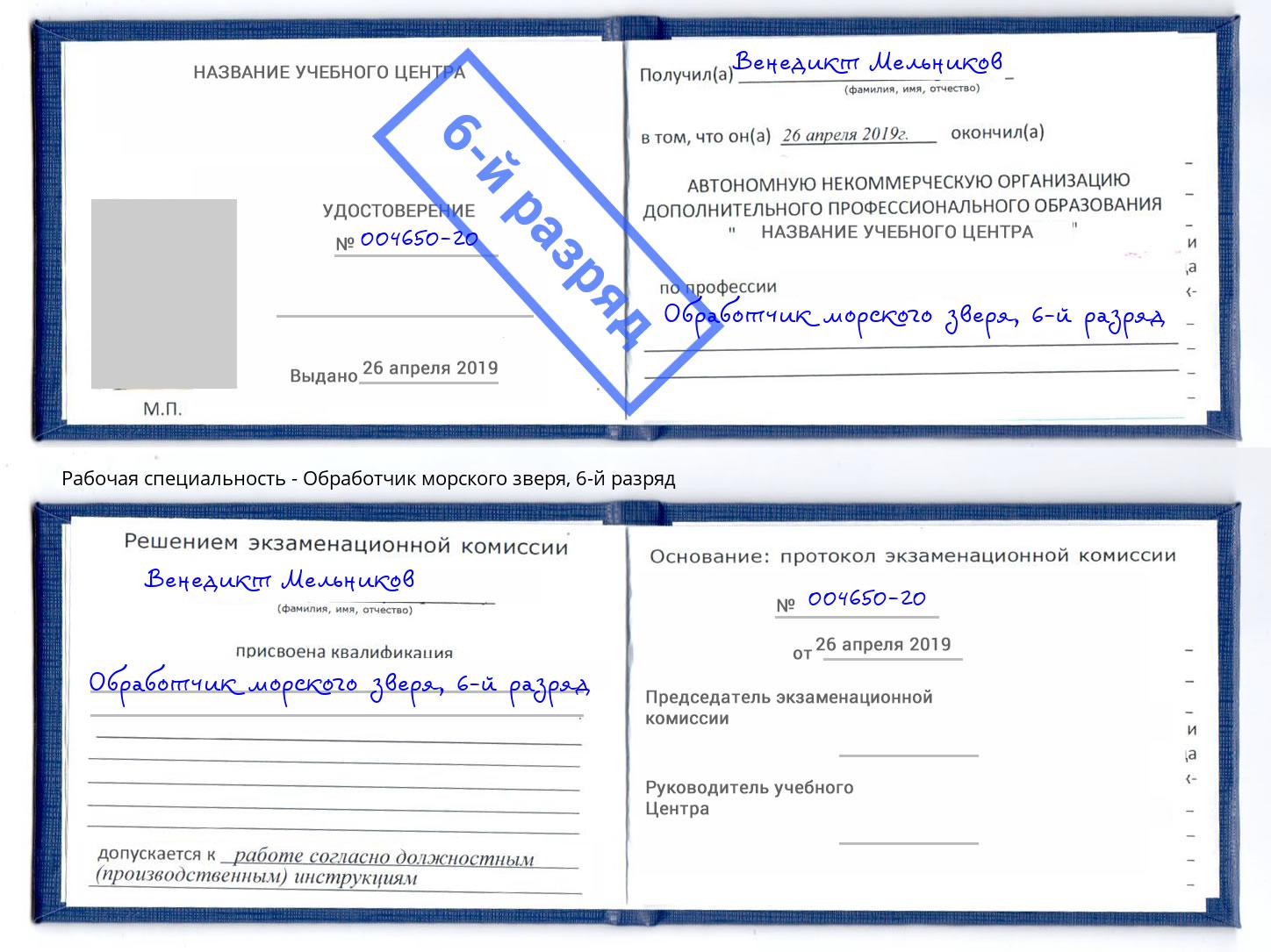 корочка 6-й разряд Обработчик морского зверя Стрежевой